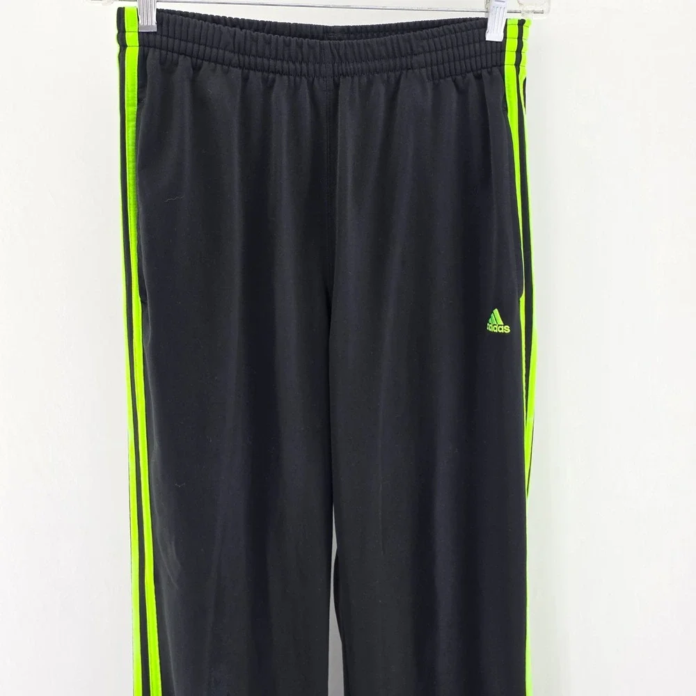Adidas Track Pants Mens M Black Neon Green Striped Tricot Athletic 6192